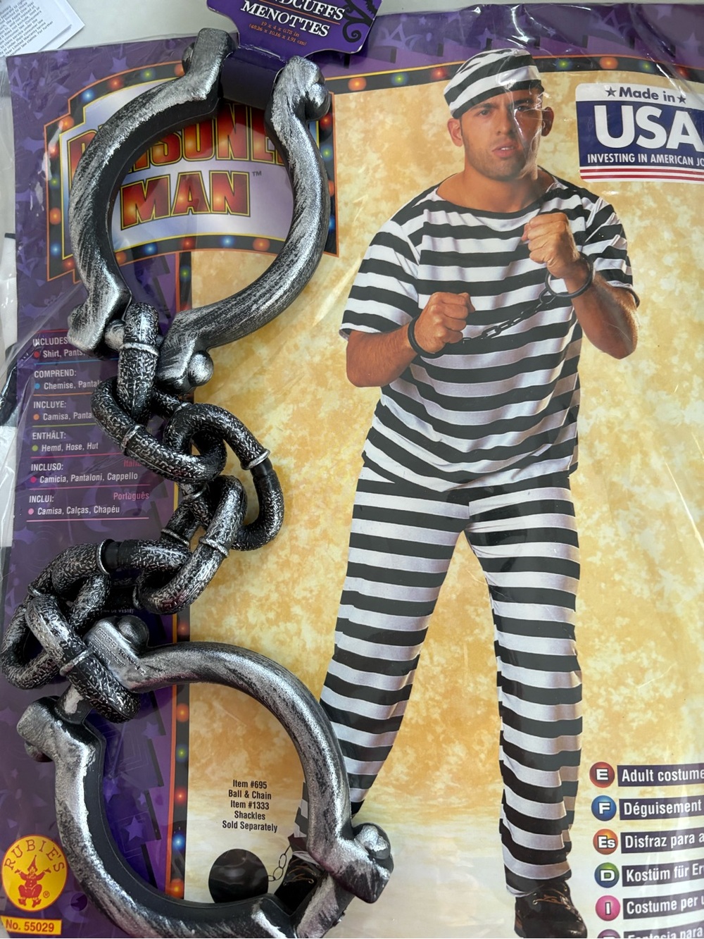 New Prisoner Costume with Silver Handcuffs - Black/White Striped Outfit